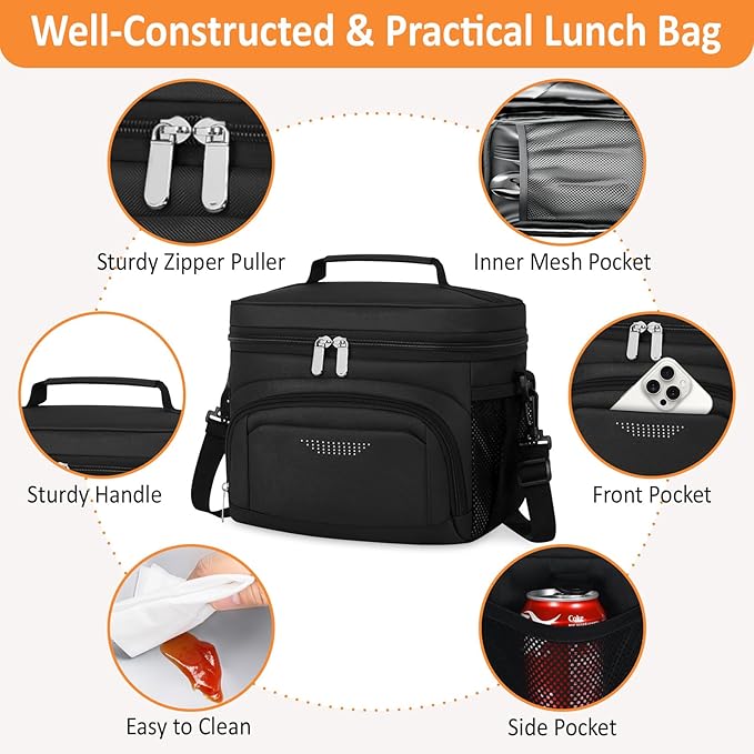 Vankor Lunch Box for Men Women, Insulated Lunch Bag Reusable Leakproof Cooler Lunch Tote Bag with Adjustable Shoulder Strap for Work Office Picnic Beach Travel, Black