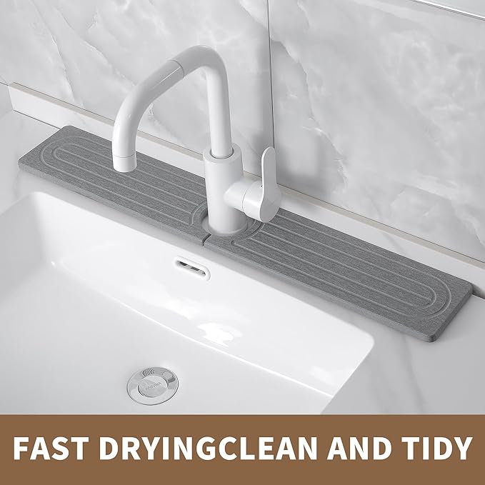 Faucet Mat for Kitchen Sink -Diatomite Stone Drying Mat for Kitchen Counter & Bathroom Sink,Quick-Dry Kitchen Sink Mat-Sink Protector & Splash Guard,Super Absorbent (Gray, 23.6"x4")