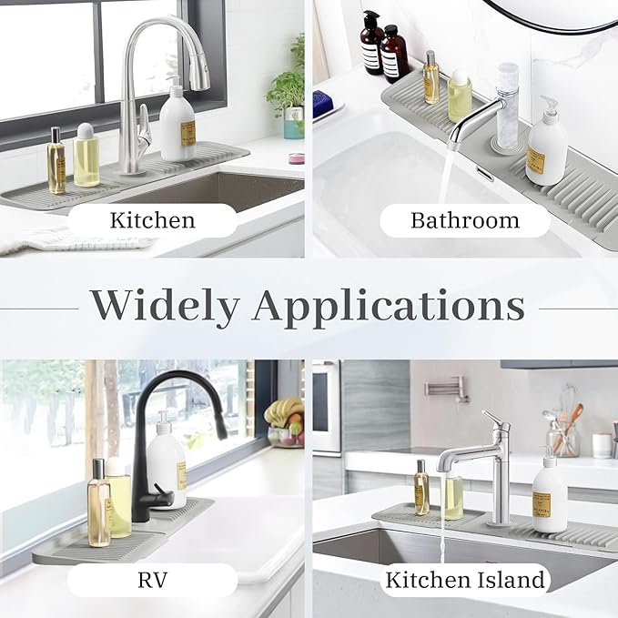 PoYang 24 Inch Faucet Mat for Kitchen Sink Splash Guard Behind Faucet, Sink Protectors for Kitchen Sink Faucet Mat Splash Guard for Kitchen Sink Area, Longer Faucet Guard & Draining Mat, Light Grey