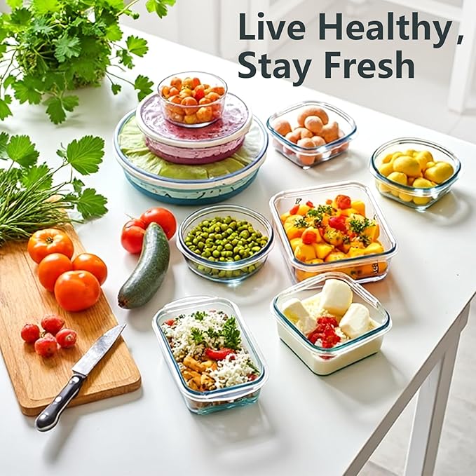 12 Pack Glass Food Storage Container Set with Lids Airtight, Stackable Meal Prep & Leftover Containers, Lunch Box for Microwave, Oven, Freezer and Dishwasher (Blue)