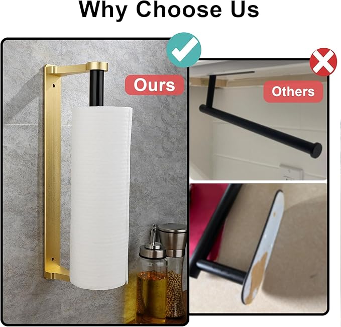 MONEER Paper Towel Holder Under Cabinet, Paper Towel Holder, Aluminum Alloy Kitchen Towel Holders, Self Adhesive Kitchen Roll Holder for Kitchen, Bathroom, Living Room (Glow Gold)