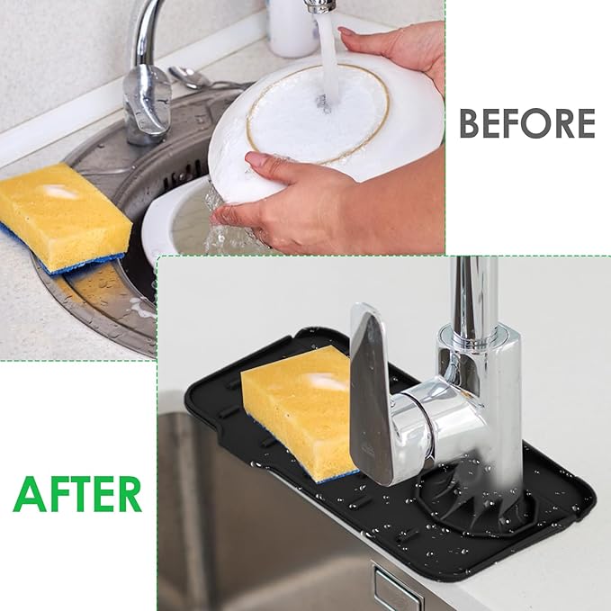 Sink Faucet Splash Guard Mat Silicone Soap Dish Pad Faucet Handle Drip Catch Sponge Holder Sink Protector Trays for Bathroom Kitchen Countertop Gadgets Accessories 8.3 x 5.7 Inch(Black)