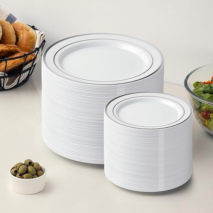 AOZITA 200Pcs Silver Plastic Plates, Disposable Plastic Party Plates for Party, Wedding and Birthday