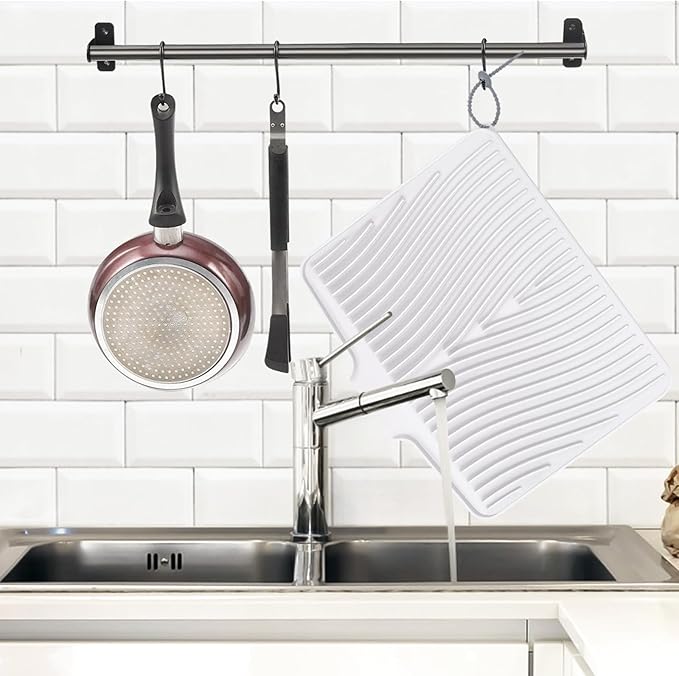 Silicone Dish Drying Mat, Large Dish Kitchen Drying Mat, White Heat Resistant Dish Drying Pad for Kitchen Counter with Built-in Drain (20" x 15")