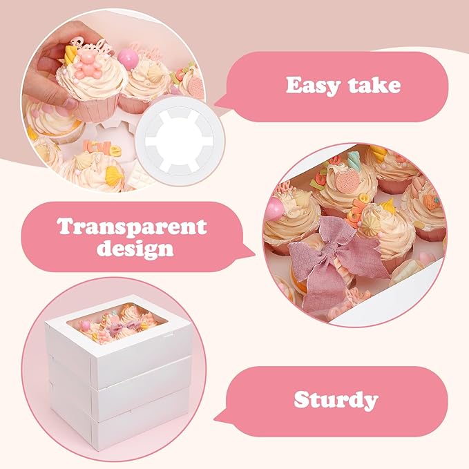 Moretoes 3 Pack Cupcake Boxes, Hold 12 Standard Cupcakes, Cupcake Containers with Window, Hold 36 Pastries, Disposable Graduation Party Boxes for Cupcakes Desserts(White)