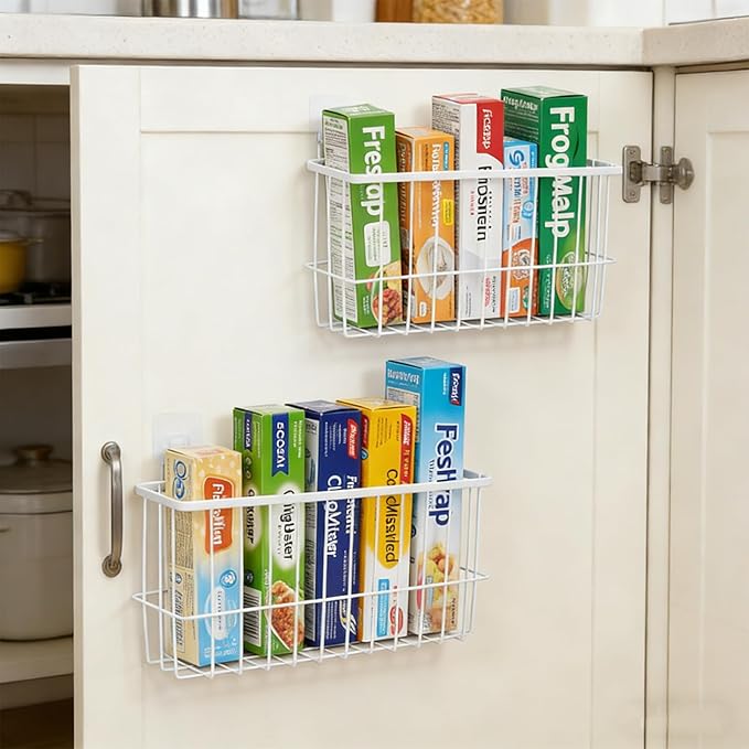 2 Pack Aluminum Foil and Plastic Wrap Organizer,Wall Mounted Cabinet Door Organizer,Kitchen Pantry Organizers and Storage,Wrapping Paper Shelf for Sandwich, Freezer, Ziplock Bag, White