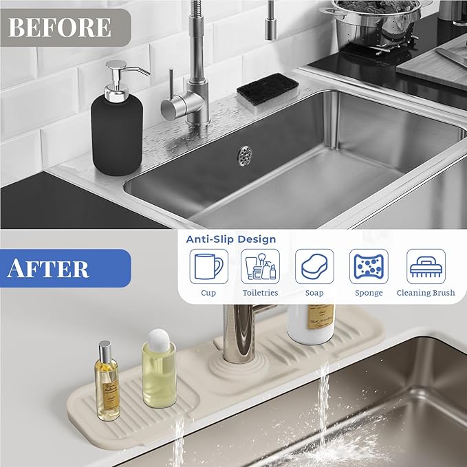 Faucet Mat for Kitchen Sink, Silicone Splash Guard Behind Faucet Soap Sponge Holder Dish Drying Mat, for Kitchen and Bathroom (White)