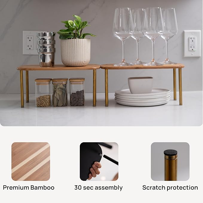 Ibyx Premium Kitchen Cabinet Organizer Shelf - Set of 2 Kitchen Counter Shelves - Stackable Shelf Racks for Cabinets - Bamboo Top with Metal Legs (Brown)