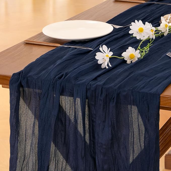 Socomi 3pcs Navy Blue Summer Cheesecloth Table Runner Boho Rustic Gauze 120 inch 10FT Cheese Cloth Sheer Runner for Wedding Party Baby Shower Birthday Home Decor Holiday Decorations
