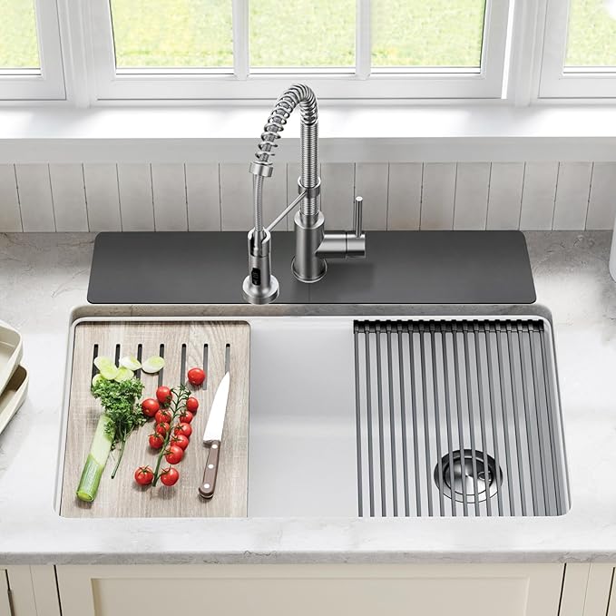 LOPNUR Faucet Mat for Kitchen Sink Protectors, 24 Inch Long Kitchen Sink Splash Guard Behind Faucet, Cuttable Bathroom Water Splash Guard with Super Absorbent Diatomite Fast Drying, Grey