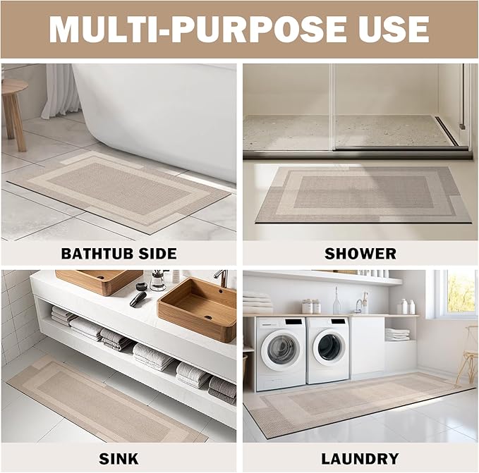 Non Slip Long Bathroom Runner Rug Bath Mat, Rubber Backing Ultra Thin Bathroom Rugs Fit Under Door Quick Dry Super Absorbent Washable Shower Mat for Bathtub Sink Floor, Beige 17"x59"