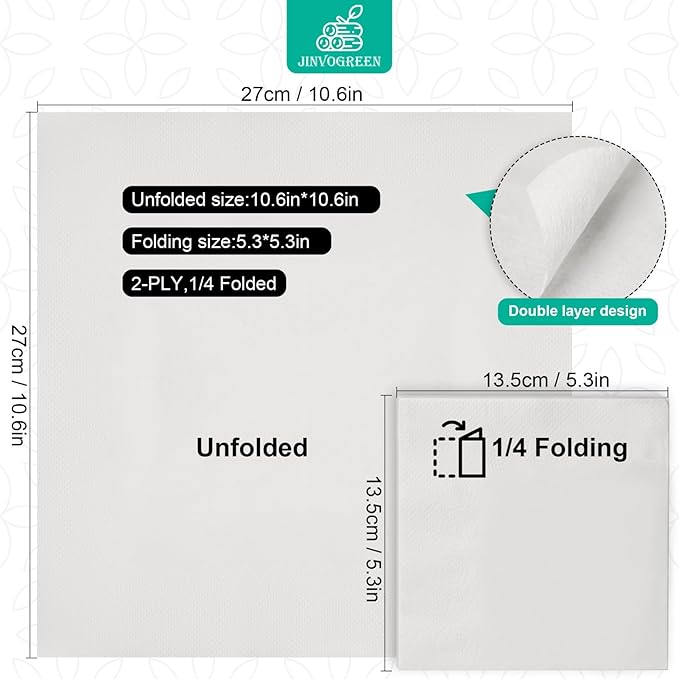 JINVOGREEN 1000 Count Cocktail Napkins Bulk 2-Ply White Beverage Paper Napkins Disposable for Bars, Lunch, Parties, Restaurant and Everyday Use - 5.3 x 5.3 Inch Folded