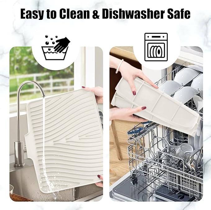 Silicone Dish Drying Mat, Stone Drying Mat for Kitchen Counter with Built-In Drain, Non-Slip Drain Pad with Built-in Drain, Heat Resistant Stone Drying Mat, Cream-2pcs, 16" x 12"