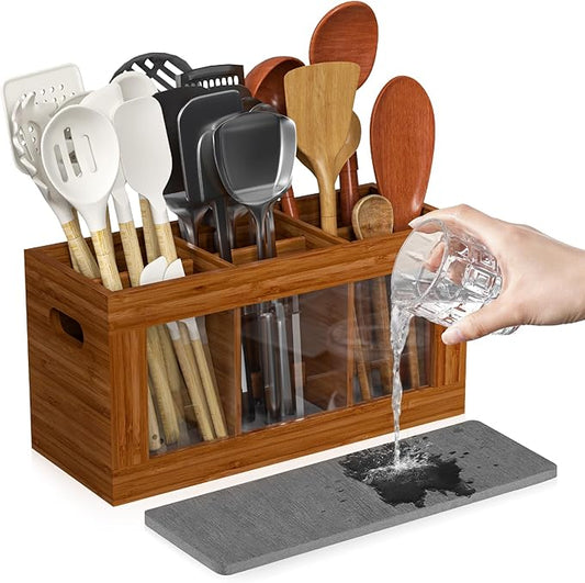 Yofidra Bamboo Utensil Holder & Silverware Organizer: Extra Large Cooking Holder with Absorbing Drying Stone and 6 Compartments Kitchen Countertop Storage Farmhouse Decor Accessories, Brown