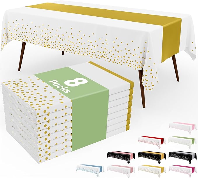 Smiry Plastic Table Cloth Disposable 8 Pack, 54 x 108 Inch Rectangle Waterproof Tablecloth, Printed Gold Table Runner Style for Birthday Weeding, Party Decorations, Leakproof & Sturdy, White and Gold