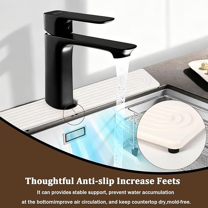Fast Drying Faucet Mat for Kitchen Sink - 24 Inch Diatomite Quick Dry Stone Faucet Mat with Raised Feet for Kitchen Sink Splash Guard, Bathroom Stone Tray Counter Prevents Moisture Buildup