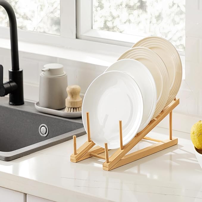 HBlife Bamboo Wooden Dish Drying Rack, 1 PCS Plate/Dish/Book/File/Bowl/Cup/Cutting Board/Pot Lid Organizer for Kitchen Counter, Office, Display Cabinet