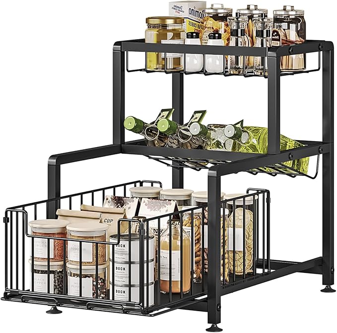 Under Sink Organizer 3 Tier Pull Out Cabinet Organizer with Drawer, Slip-Resistant Kitchen & Bathroom Storage Shelf, Slide Out Spice Rack Organizer Seasoning Holder with Utility Ware Holder (Black)