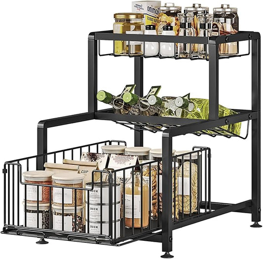 Under Sink Organizer 3 Tier Pull Out Cabinet Organizer with Drawer, Slip-Resistant Kitchen & Bathroom Storage Shelf, Slide Out Spice Rack Organizer Seasoning Holder with Utility Ware Holder (Black)
