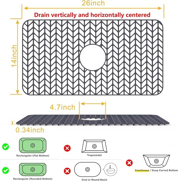 Sink Protectors for Kitchen Sink 12"13"16"18"19"24"26"28"29"30",Silicone kitchen sink mats protector for bottom of farmhouse sink(26"x14"Center Drain Gray)