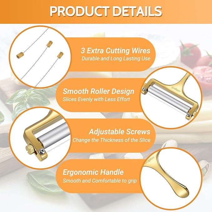 Sopito Cheese Slicer Stainless Steel With 3 Extra Wires Great for Cheddar, Gruyere, Raclette, Mozzarella Cheese Block, Gold