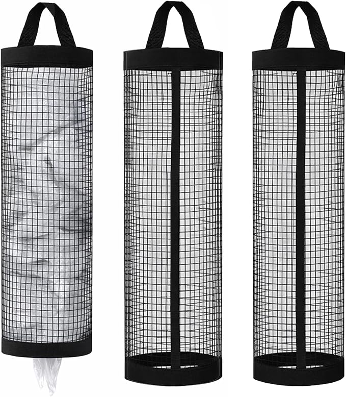 Thinp 3 Pcs Plastic Bag Holder, Grocery Bag Organizer Hanging Storage Dispensers Mesh Bags Dispenser Organizer Breathable Shopping Bags Storage for Home Kitchen Pantry (Black)