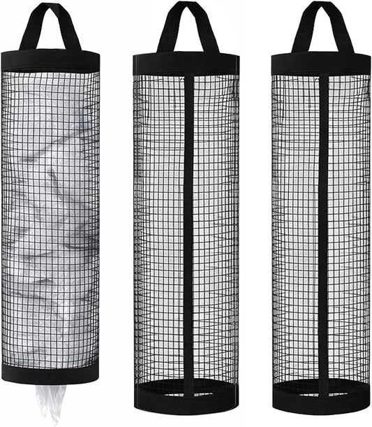 Thinp 3 Pcs Plastic Bag Holder, Grocery Bag Organizer Hanging Storage Dispensers Mesh Bags Dispenser Organizer Breathable Shopping Bags Storage for Home Kitchen Pantry (Black)