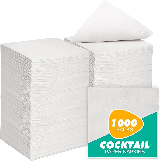 JINVOGREEN 1000 Count Cocktail Napkins Bulk 1-Ply White Beverage Paper Napkins Disposable for Bars, Lunch, Parties, Restaurant and Everyday Use - 5.3 x 5.3 Inch Folded