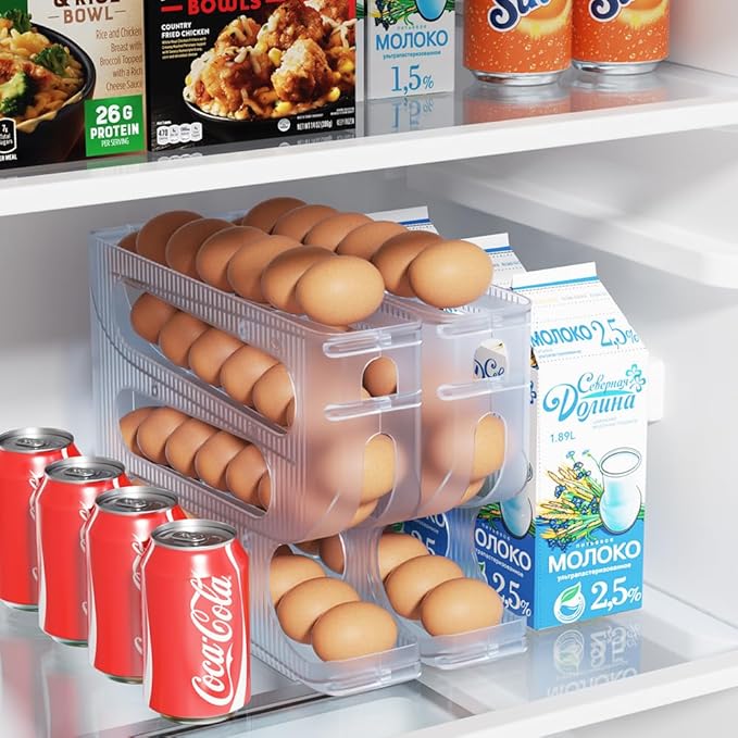 Sotfamily Egg Holder for Fridge, Auto Rolling Egg Dispenser for Refrigerator, Countertop, Kitchen - Space-saving Egg Roller/Organizer/Storage/Container/Tray - 2 Packs for 56 Large Size Eggs(Crystal)