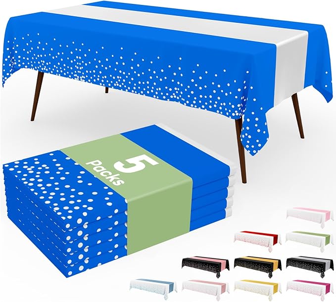 Smiry Plastic Table Cloth Disposable 5 Pack, 54 x 108 Inch Rectangle Waterproof Tablecloth, Printed Gold Table Runner Style for Birthday Weeding, Party Decorations, Leakproof & Sturdy, Blue and Sliver