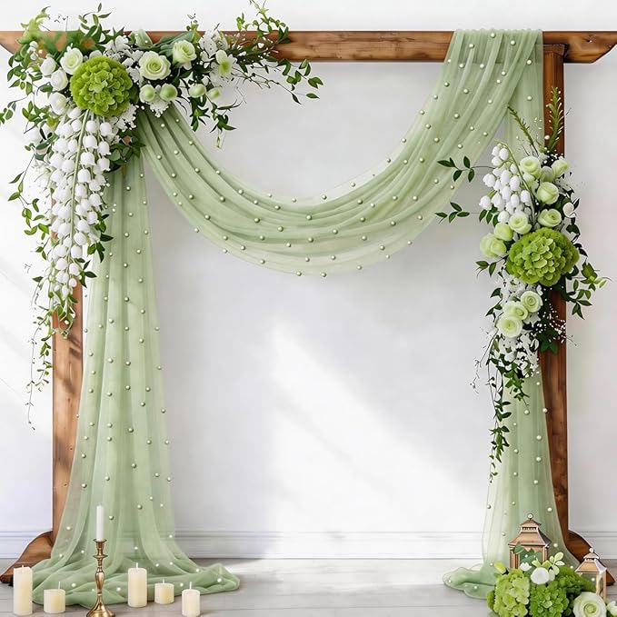 Socomi Pearl Table Runner Sage Green Summer Wedding Arch Draping Fabric 19FT Sheer Tulle Chiffon Gauze Cheese Cloth Outdoor Drapes for Birthday Party Baby Shower Bridal Engagement Decor