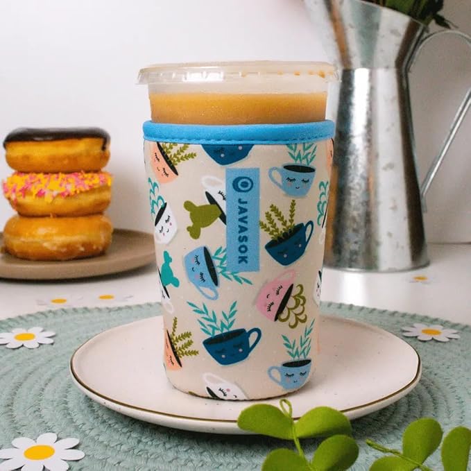 Sok It JavaSok Iced Coffee & Cold Soda Insulated Neoprene Cup Sleeve (Botanical Teacups, Large: 30-32oz)