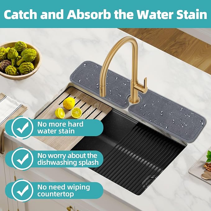 PoYang 2 Pack Faucet Mat for Kitchen Sink Splash Guard Long: Super Absorbent Microfiber Sink Water Splash Guard Behind Kitchen Faucet Mat for Bathroom, RV Protector, Machine Washable 24'' x 5.1''