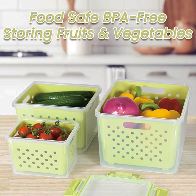 Set of 3 Fruit Storage Containers for Fridge with Removable Colander and Handle Lid, 4.6qt|2.5qt|1qt Dishwasher Microwave Safe, Keep Berry Fresh Longer (Light Green)