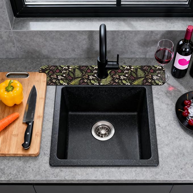 2 Pcs Kitchen Sink Splash Guard Faucet Mats Vintage Fern and Berries Pattern Faucet Mat for Sinks Absorbing Drying Mat for Kitchen Bathroom, 23.6x5.5inch