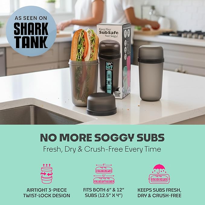 SubSafe 3-Piece Sub Sandwich Container, Charcoal Grey - As Seen on Shark Tank - Waterproof, Crushproof, BPA-Free Food Storage that Floats - Fits 6 & 12 in Subs - Great for Travel, Beach, Camping