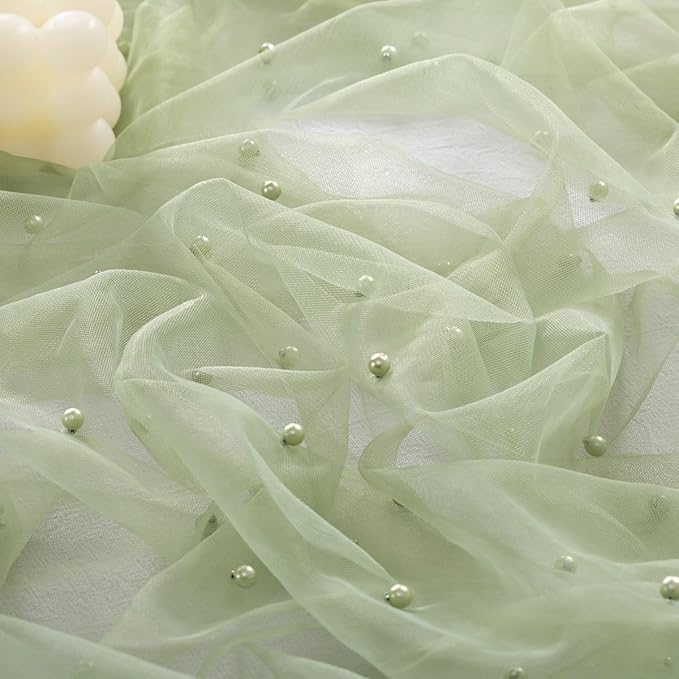 Socomi Pearl Table Runner Tulle Summer Cheesecloth 10FT Gauze Cheese Cloth Sheer Chiffon Wedding Birthday Party Baby Shower Bridal Anniversary Holiday Centerpiece Table Decor 3pcs Sage Green