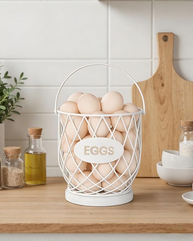 Chicken Egg Basket for Gathering Fresh Eggs with Metal Handle, Wire Egg Collecting Basket with Wooden Base, Round Egg Holder Countertop, Vintage Rustic Farmhouse Kitchen Decor Fruit Storage,White