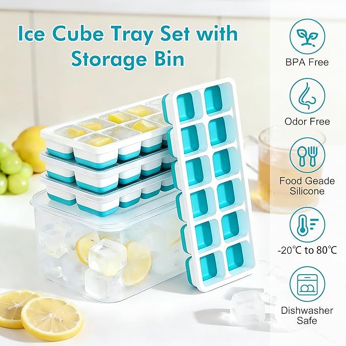 NFK Ice Cube Tray with Lid & Bin - 4 Pack 48 Cubes Stackable Silicone Trays for Freezer with Storage Container, Leak-Proof Lids, BPA-Free, Easy Release for Kitchen, RV, Party, Cocktail & Coffee