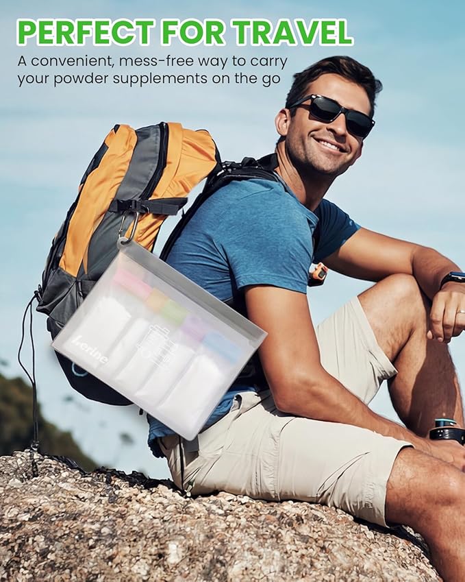Lerine Protein Powder Travel Container Set, Reusable Protein Powder Container To Go, 35Pcs Single Dose Bags & 5Pcs Large Zip Bags, Portable Supplement Storage Containers with Funnel, Spoon