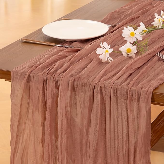 Socomi 6pcs Dusty Rose Summer Cheesecloth Table Runner Boho Rustic Gauze 120 inch 10FT Cheese Cloth Sheer Runner for Wedding Party Baby Shower Birthday Home Decor Holiday Decorations