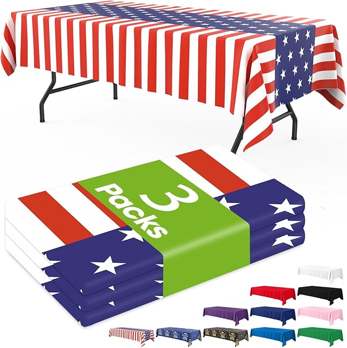 Pureegg Plastic Patriotic Tablecloths 4th of July Decorations, Table Cloth Disposable 3 Pack, Memorial Day Decorations, 4th of July Decorations, 54x108 Inch, American Flag