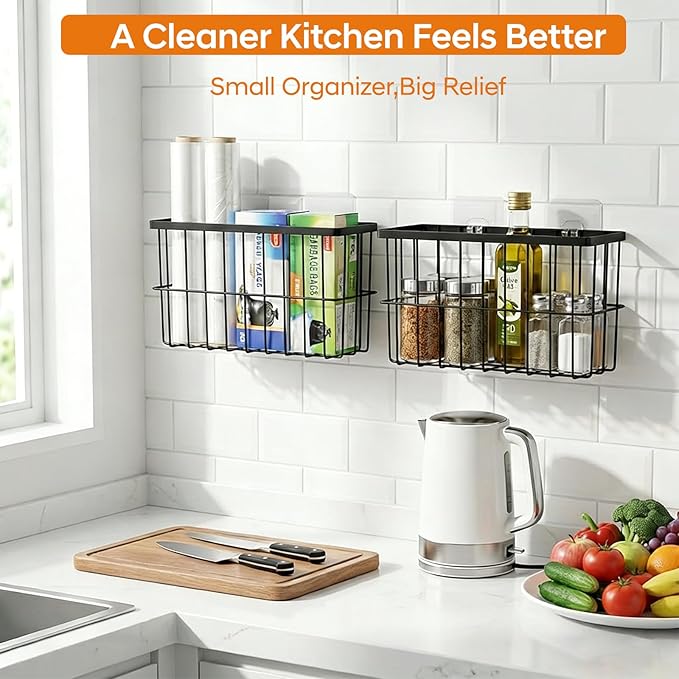 FAMNONE 2 Pack Adhesive Cabinet Door Organizer – 5.9” Deep Lid Organizer for Cabinet, No Drill Wall Mounted Storage Box for Pantry Door, Kitchen & Bathroom Space Saving Organizer