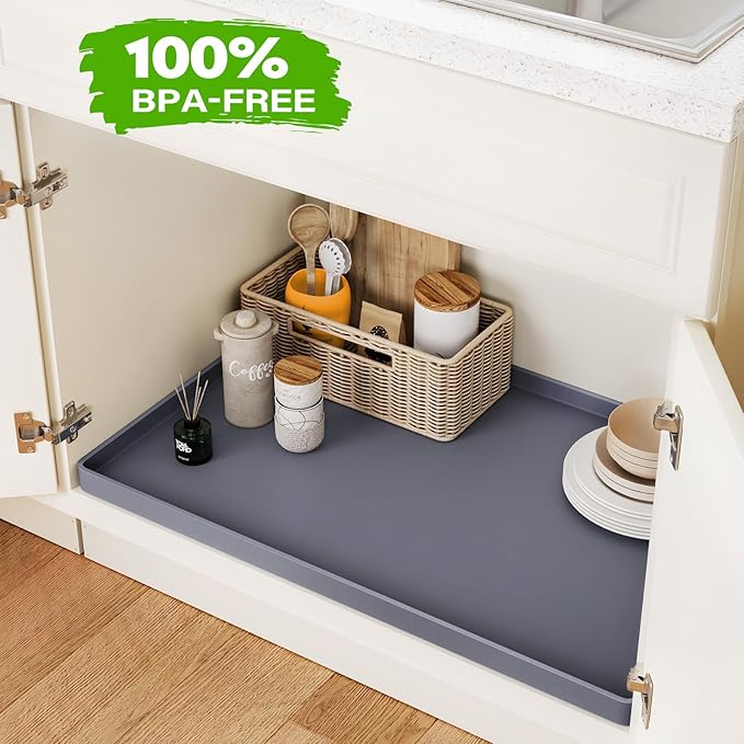 FLATO Waterproof Under Sink Mat 22" x 22" Shelf Liner for Kitchen and Bathroom, Cabinet Protector, Organizers and Storage, Flexible Silicone Drip Tray
