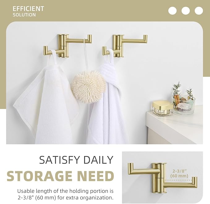 Angle Simple Swivel Hooks for Bathroom, SUS304 Stainless Steel 2 Arms Bath Towel Robe Hook Wall Mount, 2 Pack, Brushed Gold