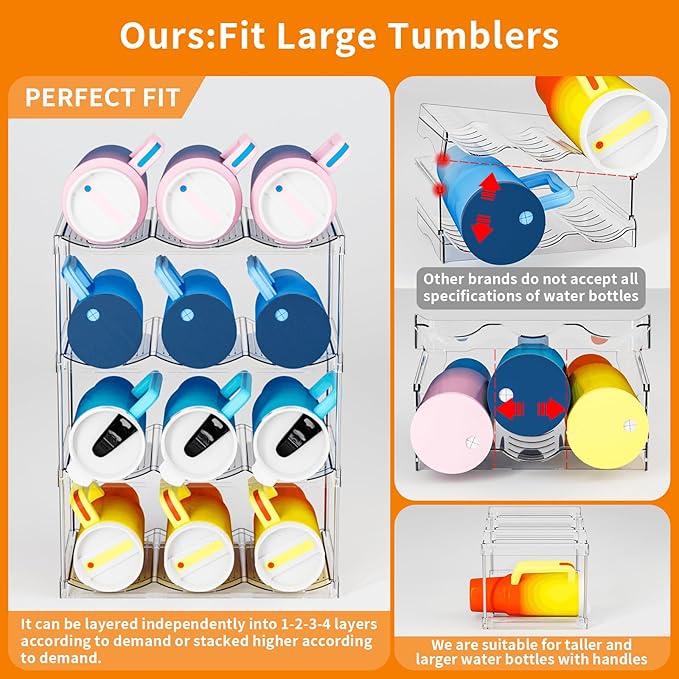 Yieach 4 Tier Stackable Water Bottle Organizer for Kitchen Cabinets,Countertop,Large Compartment Wine Rack and Water Bottle Holder for 40 oz Yeti,Stanley Cup,Waterbottle and Other Tumbler Organizer