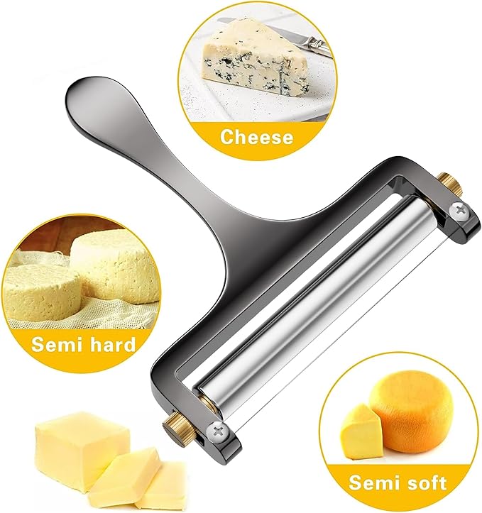 TOPULORS Cheese Slicer Cheese Cutter Stainless Steel Wire Cheese Slicer for Mozzarella, Cheddar, Gouda, And More Block Cheese - Heavy Duty Slicer With 1 Extra Replacement Cutting Wire - Gunmetal Gray