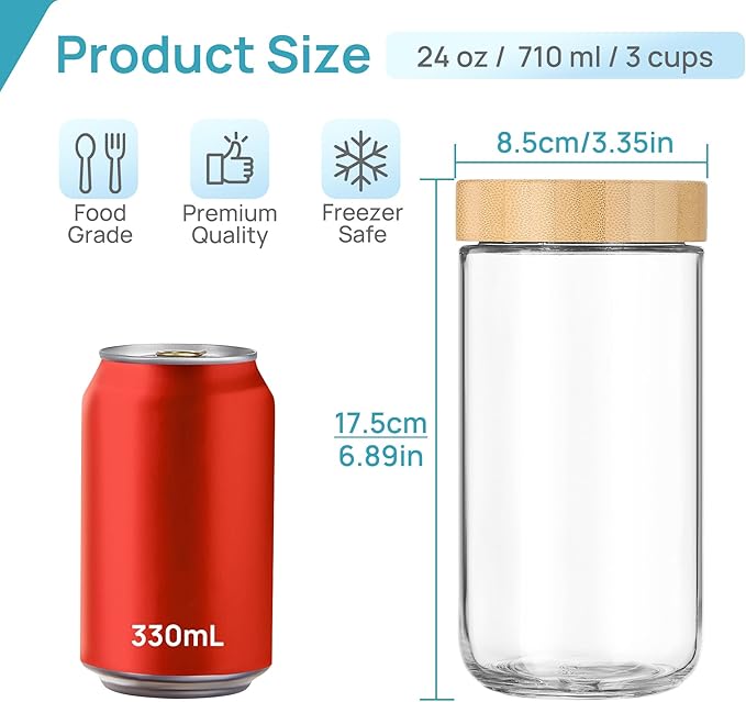 Vtopmart 4 Pack 24oz Glass Overnight Oats Containers with Bamboo Lids, Portable Wide Mouth Glass Jars Leak-proof, Reusable Glass Food Storage Containers for Yogurt Chia Pudding Salad Pickling Snacks