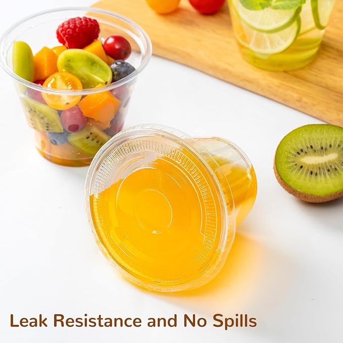 9oz Clear Plastic Cups with Flat Lids No Hole Disposable Togo Cups with Lids for Fruit Snack Yogurt Jelly Pudding Cold Drink in Party Picnic (300 Sets)