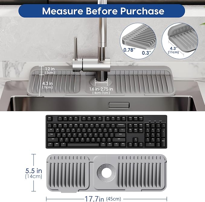17.7 Inch Silicone Faucet Mat for Kitchen Sink Splash Guard - 7° Slope Upgraded Water Draining Mat with Fasten Button for Bathroom Area (Gray, 17.7''x5.5'')